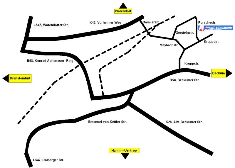Anfahrtsskizze zum Baustoffmarkt Lohrmann im Industriegebiet Ost in Ahlen