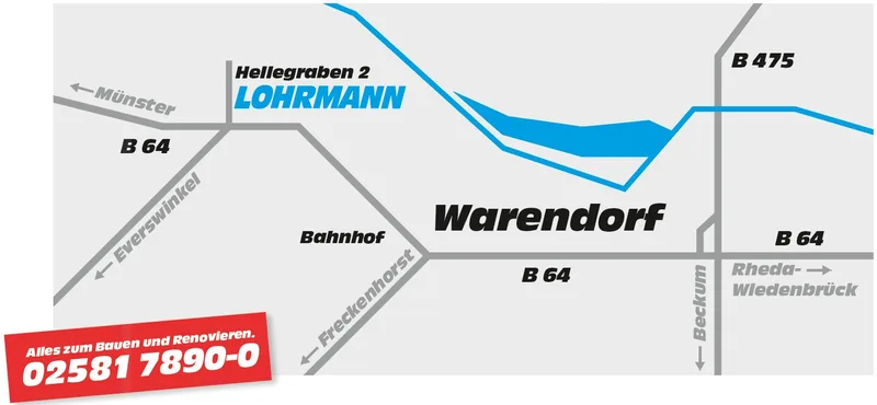 Anfahrtsskizze zum Baustoffmarkt Lohrmann am Hellegraben 2 in Warendorf