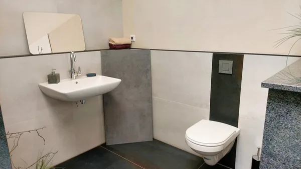 Ausgestelltes Bad mit WC, Waschbecken und Wandfliesen